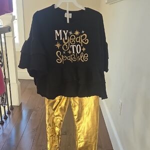 Black and Gold Sparkle Top with Gold Pants